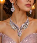 Pink Crystal Necklace Earrings Set, Bridal Statement Jewelry, Sparkling Wedding Prom Glamour