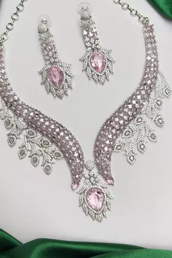 Pink Crystal Necklace Earrings Set, Bridal Statement Jewelry, Sparkling Wedding Prom Glamour