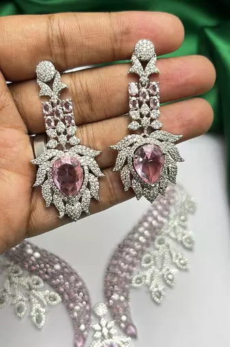 Pink Crystal Necklace Earrings Set, Bridal Statement Jewelry, Sparkling Wedding Prom Glamour