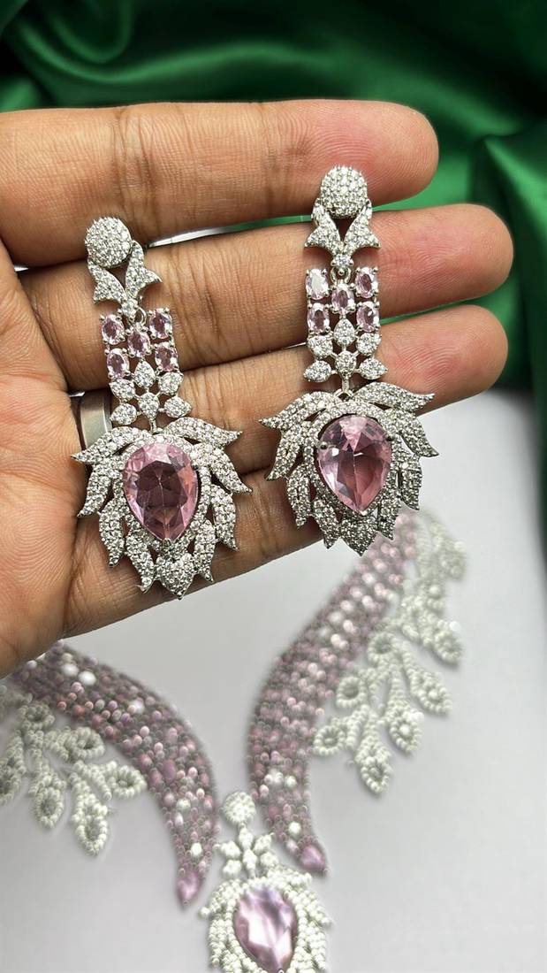 Pink Crystal Necklace Earrings Set, Bridal Statement Jewelry, Sparkling Wedding Prom Glamour