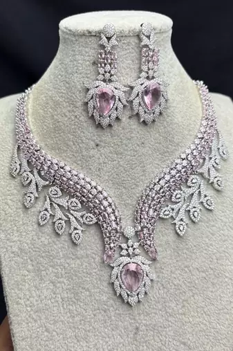 Pink Crystal Necklace Earrings Set, Bridal Statement Jewelry, Sparkling Wedding Prom Glamour