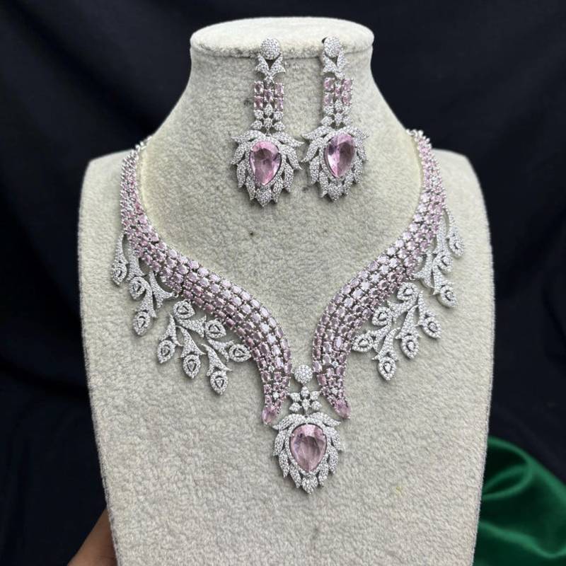 Pink Crystal Necklace Earrings Set, Bridal Statement Jewelry, Sparkling Wedding Prom Glamour