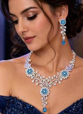 Blue Crystal Floral Necklace Earrings Set, Silver Tone Bridal Jewelry 1