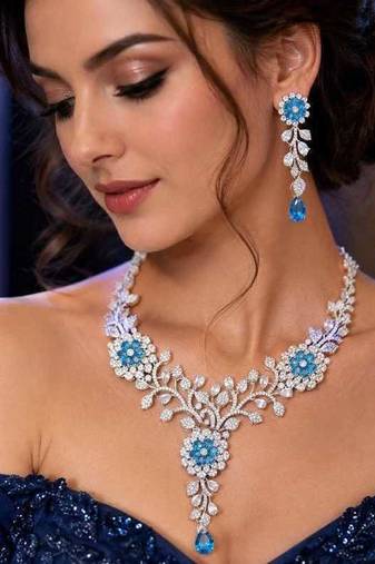 Blue Crystal Floral Necklace Earrings Set, Silver Tone Bridal Jewelry