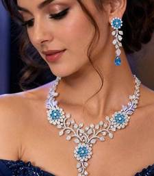 Blue Crystal Floral Necklace Earrings Set, Silver Tone Bridal Jewelry