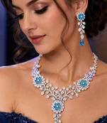 Blue Crystal Floral Necklace Earrings Set, Silver Tone Bridal Jewelry