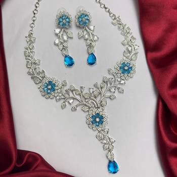 Blue Crystal Floral Necklace Earrings Set, Silver Tone Bridal Jewelry 2
