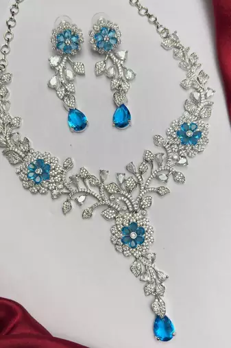 Blue Crystal Floral Necklace Earrings Set, Silver Tone Bridal Jewelry