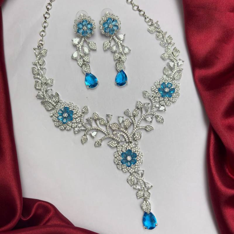 Blue Crystal Floral Necklace Earrings Set, Silver Tone Bridal Jewelry