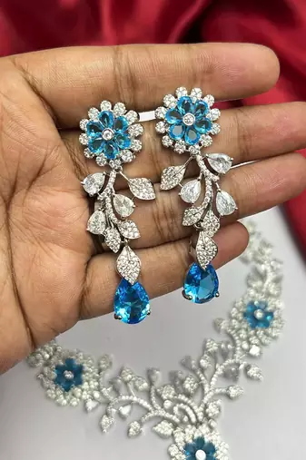 Blue Crystal Floral Necklace Earrings Set, Silver Tone Bridal Jewelry