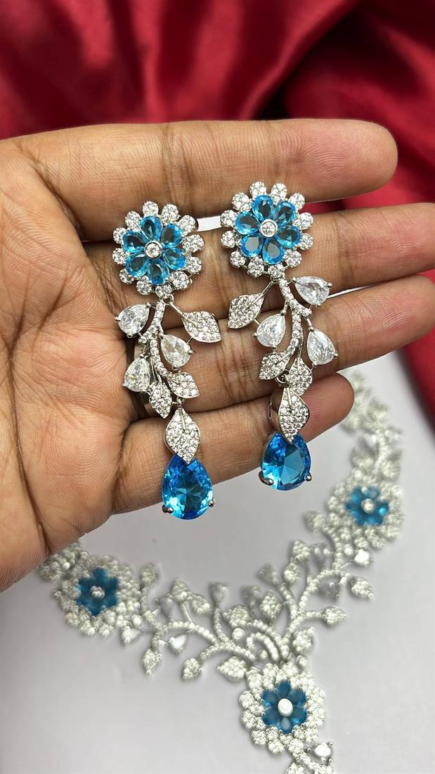 Blue Crystal Floral Necklace Earrings Set, Silver Tone Bridal Jewelry