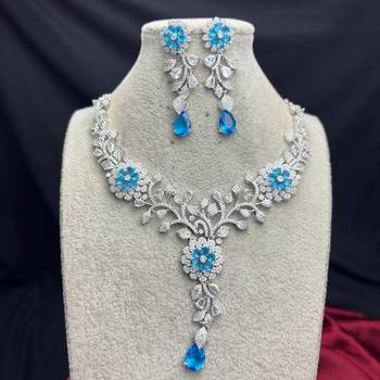 Blue Crystal Floral Necklace Earrings Set, Silver Tone Bridal Jewelry 4
