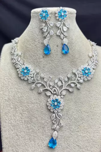 Blue Crystal Floral Necklace Earrings Set, Silver Tone Bridal Jewelry