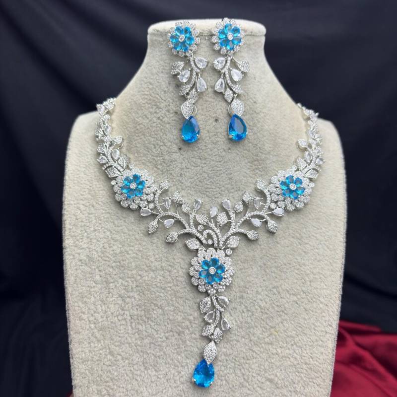 Blue Crystal Floral Necklace Earrings Set, Silver Tone Bridal Jewelry