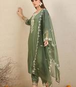 Floral Embroidered Straight Kurta With Trousers & Dupatta