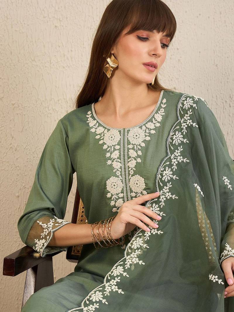 Floral Embroidered Straight Kurta With Trousers & Dupatta