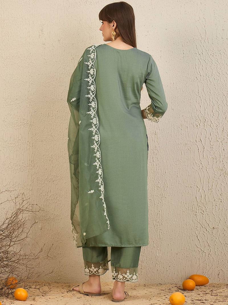 Floral Embroidered Straight Kurta With Trousers & Dupatta