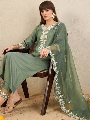 Floral Embroidered Straight Kurta With Trousers & Dupatta 7