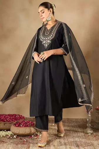 Women Ethnic Motifs Embroidered Regular Liva Kurta with Trousers & With Dupatta