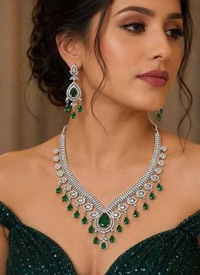 Emerald Green Crystal Bridal Statement Necklace Earrings Set, Silver-Tone Chandelier Jewelry 1