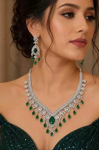 Emerald Green Crystal Bridal Statement Necklace Earrings Set, Silver-Tone Chandelier Jewelry