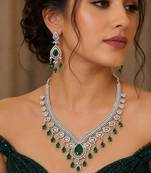 Emerald Green Crystal Bridal Statement Necklace Earrings Set, Silver-Tone Chandelier Jewelry