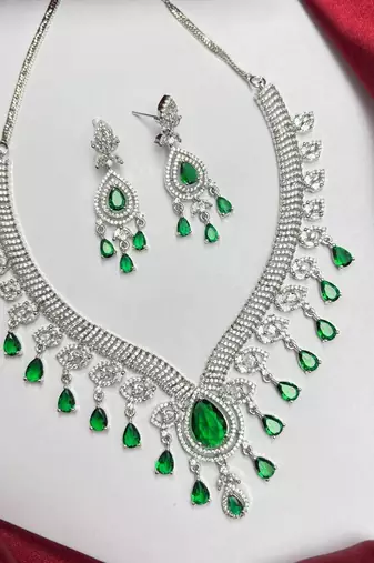 Emerald Green Crystal Bridal Statement Necklace Earrings Set, Silver-Tone Chandelier Jewelry