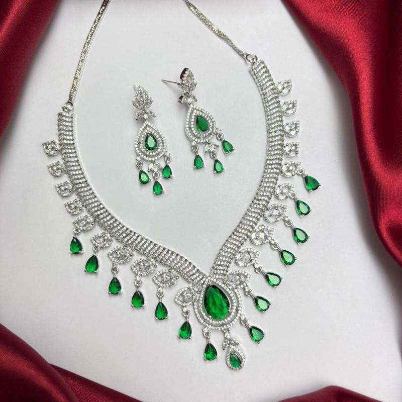 Emerald Green Crystal Bridal Statement Necklace Earrings Set, Silver-Tone Chandelier Jewelry