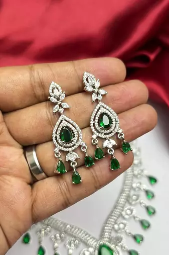 Emerald Green Crystal Bridal Statement Necklace Earrings Set, Silver-Tone Chandelier Jewelry