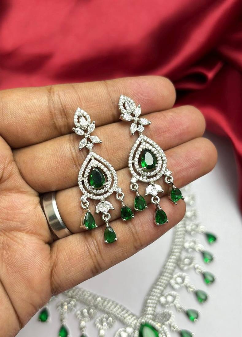 Emerald Green Crystal Bridal Statement Necklace Earrings Set, Silver-Tone Chandelier Jewelry