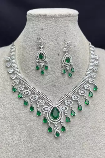 Emerald Green Crystal Bridal Statement Necklace Earrings Set, Silver-Tone Chandelier Jewelry