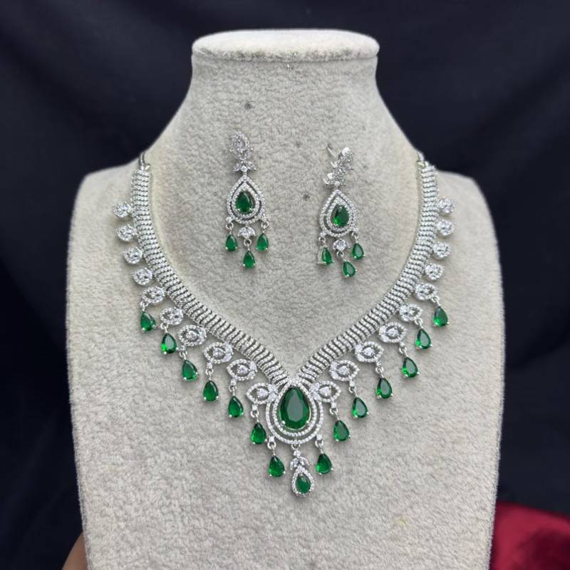 Emerald Green Crystal Bridal Statement Necklace Earrings Set, Silver-Tone Chandelier Jewelry