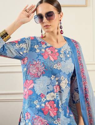 Floral Printed V-Neck Pure Cotton Straight Kurta With Trousers & Dupatta 2