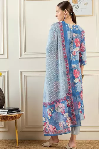 Floral Printed V-Neck Pure Cotton Straight Kurta With Trousers & Dupatta