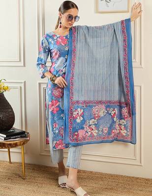 Floral Printed V-Neck Pure Cotton Straight Kurta With Trousers & Dupatta 1