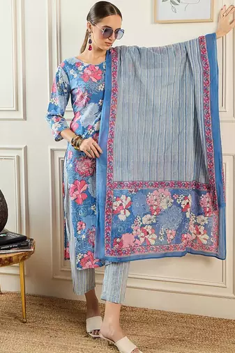 Floral Printed V-Neck Pure Cotton Straight Kurta With Trousers & Dupatta