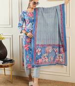 Floral Printed V-Neck Pure Cotton Straight Kurta With Trousers & Dupatta