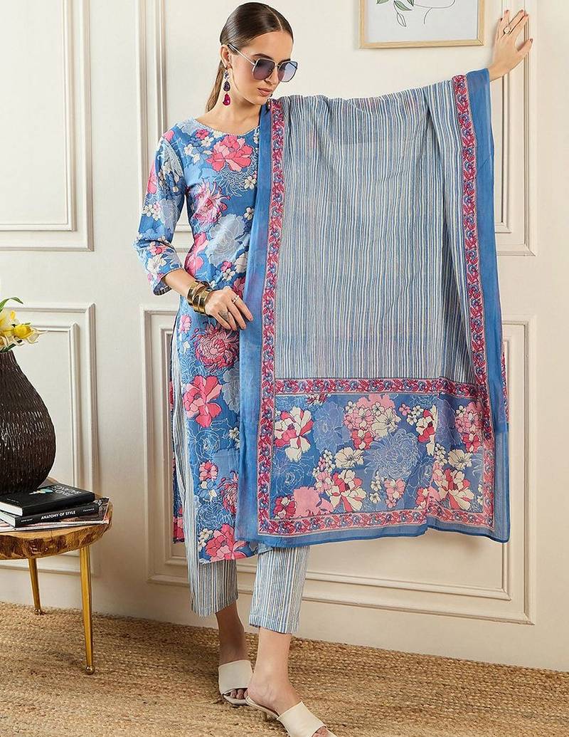 Floral Printed V-Neck Pure Cotton Straight Kurta With Trousers & Dupatta