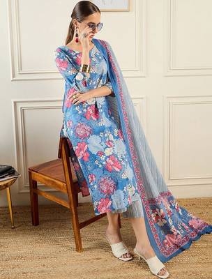 Floral Printed V-Neck Pure Cotton Straight Kurta With Trousers & Dupatta 7