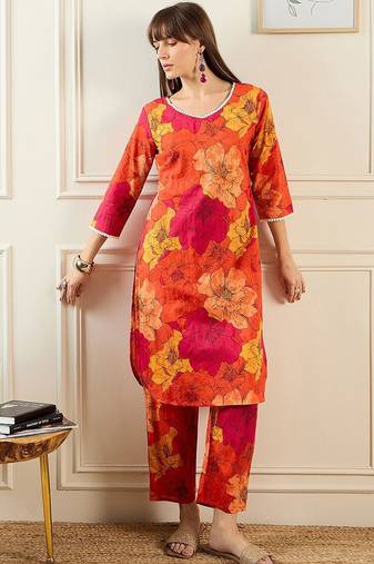 floral printed v-neck  cotton straight kurta with trousers