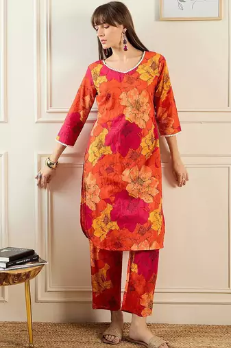 Floral Printed V-Neck Pure Cotton Straight Kurta With Trousers