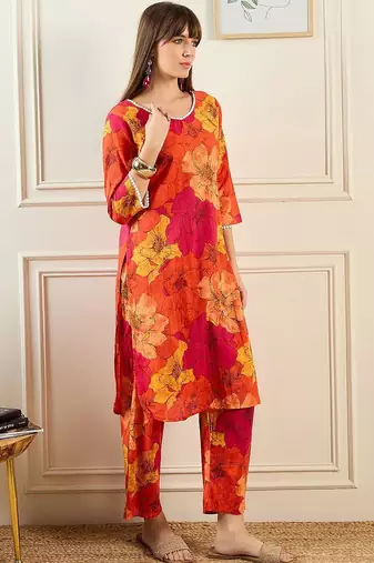 Floral Printed V-Neck Pure Cotton Straight Kurta With Trousers