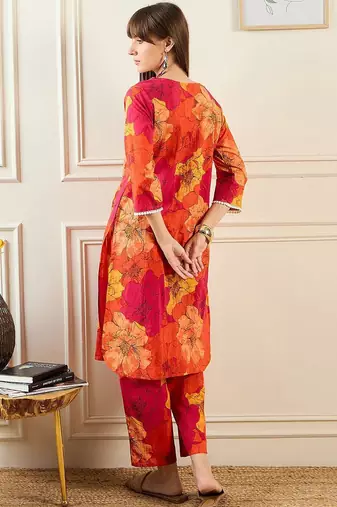 Floral Printed V-Neck Pure Cotton Straight Kurta With Trousers