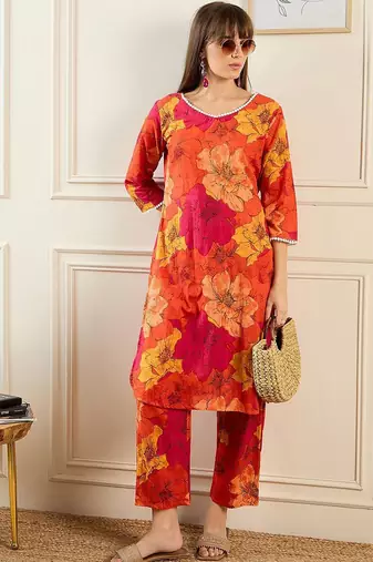 Floral Printed V-Neck Pure Cotton Straight Kurta With Trousers