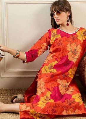 Floral Printed V-Neck Pure Cotton Straight Kurta With Trousers 7
