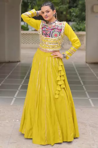 Parrot Green Roman Attractive Chaniya Choli (Free Size Stitched)