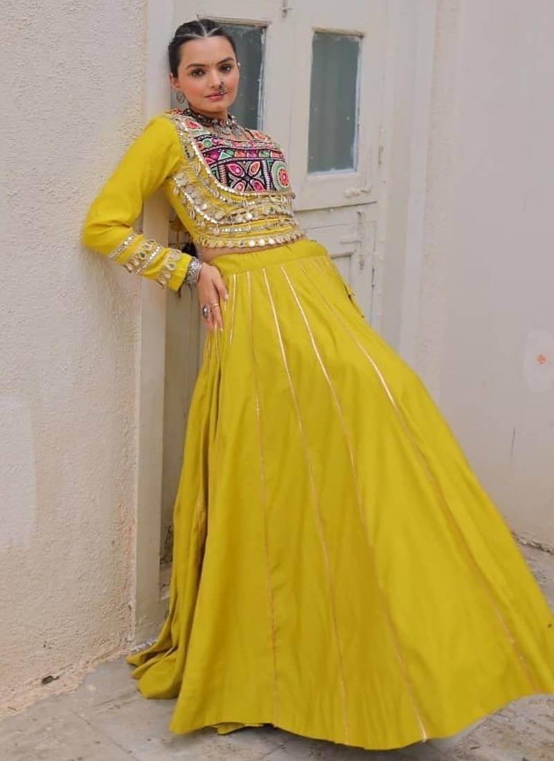 Parrot Green Roman Attractive Chaniya Choli (Free Size Stitched)