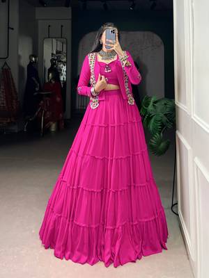 Rani Pink Pure Rayon Chaniya Choli With Koti - Free Size  1