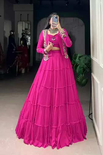 Rani Pink Pure Rayon Chaniya Choli With Koti - Free Size 
