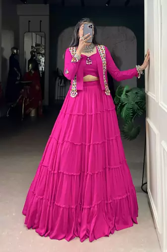 Rani Pink Pure Rayon Chaniya Choli With Koti - Free Size 